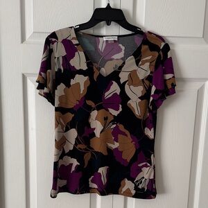 Calvin Klein Women's V-Neck Floral Blouse - Black, Purple, and Brown